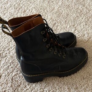 Dr. Martens Black Leather Lace-Up Boots with Brown Collar